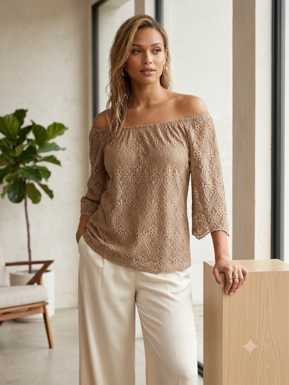 Brittany Black Taupe Lace Peasant Top size 1x 3/4 sleeve B018
